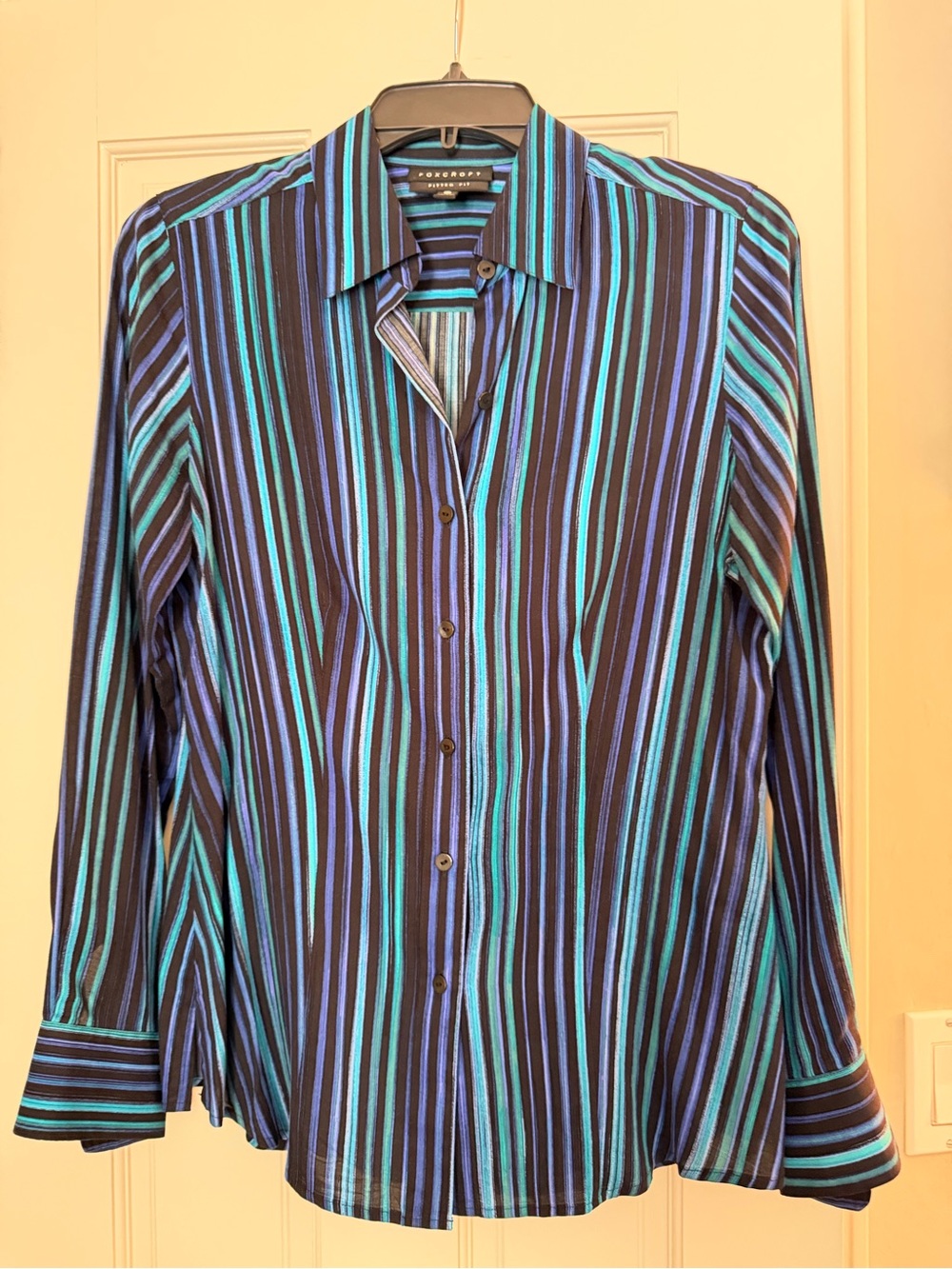 Foxcroft Black Shirt with Blue and Teal Stripes size 2